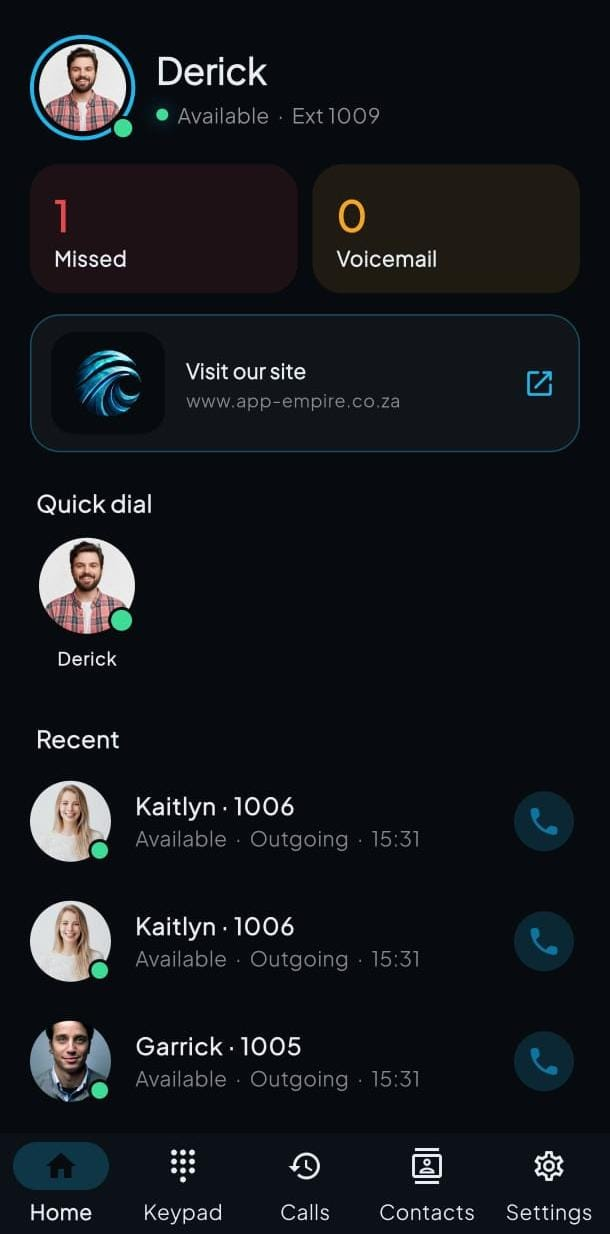 Aegir Phone home screen with missed calls, voicemail, quick dial, and link to www.app-empire.co.za